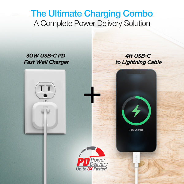 Naztech 30W USB-C PD Fast Wall Charger + USB-C to Lightning Cable 4ft - White