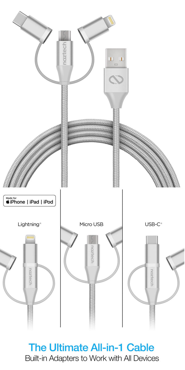 Naztech Hybrid 3-in-1 USB to Micro USB + USB-C + MFi Lightning Braided Cable | 6ft | Gray