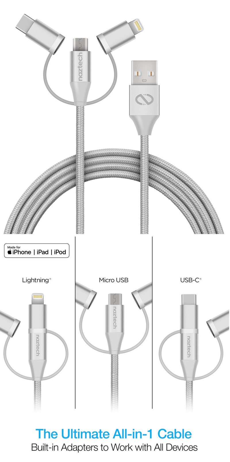 Naztech Hybrid 3-in-1 USB to Micro USB + USB-C + MFi Lightning Braided Cable | 6ft | Gray