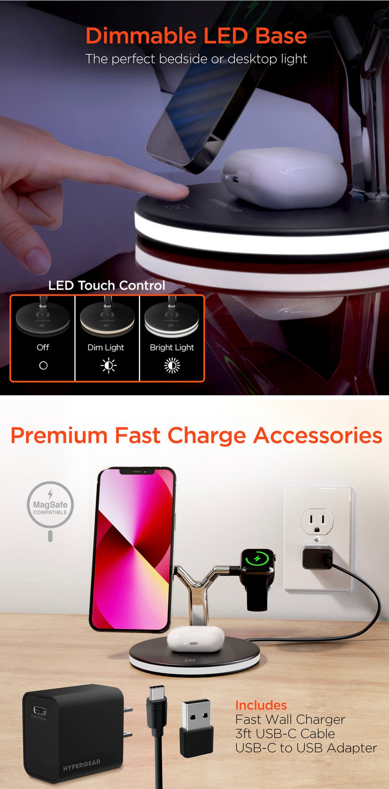 Hypergear MaxCharge 3-in-1 Wireless Charging Stand with 15W Magnetic Wireless Fast Charge | Black