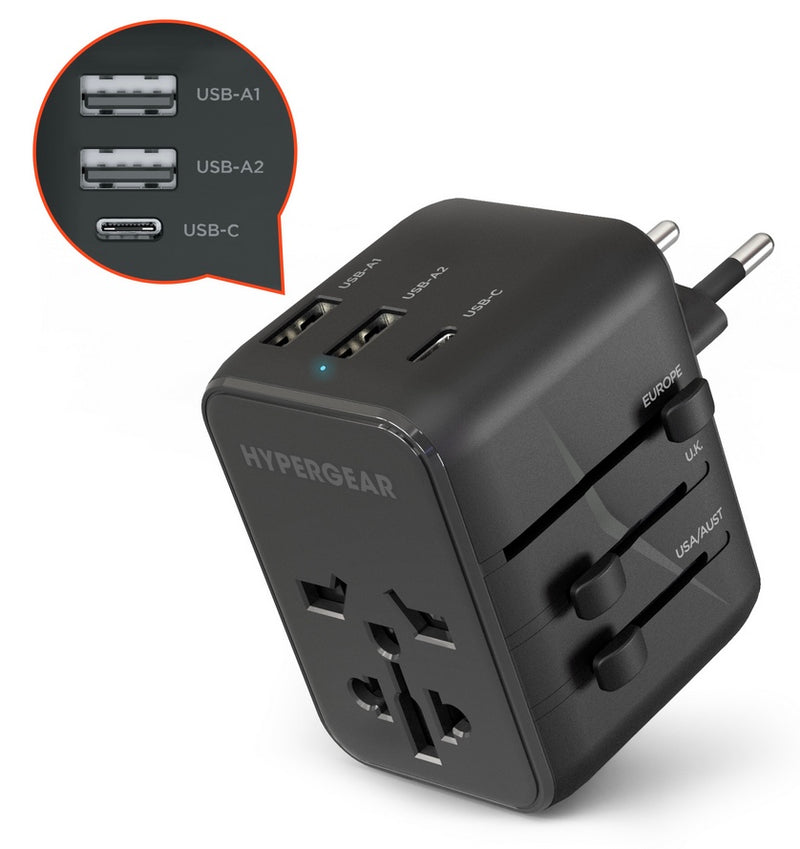 Hypergear WorldCharge Universal Travel Adapter with USB-C | Black