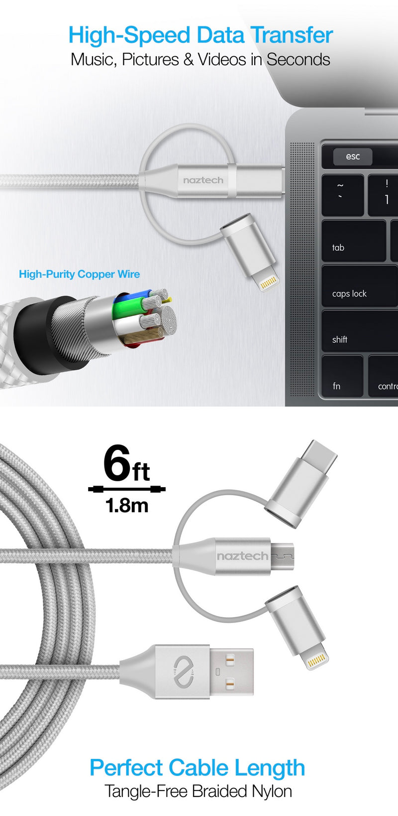 Naztech Hybrid 3-in-1 USB to Micro USB + USB-C + MFi Lightning Braided Cable | 6ft | Gray