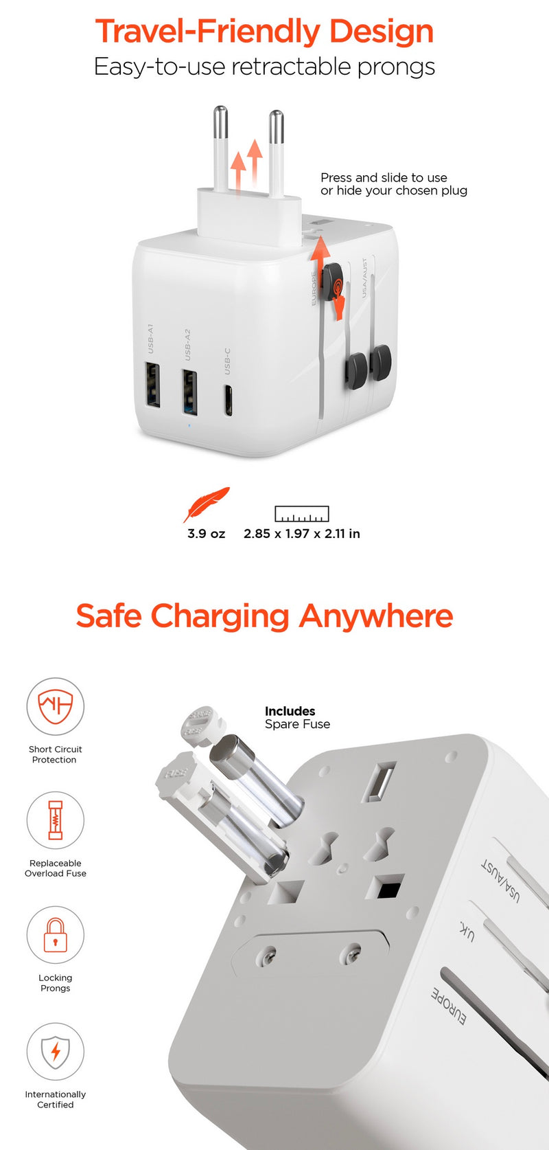 Hypergear WorldCharge Universal Travel Adapter with USB-C | White