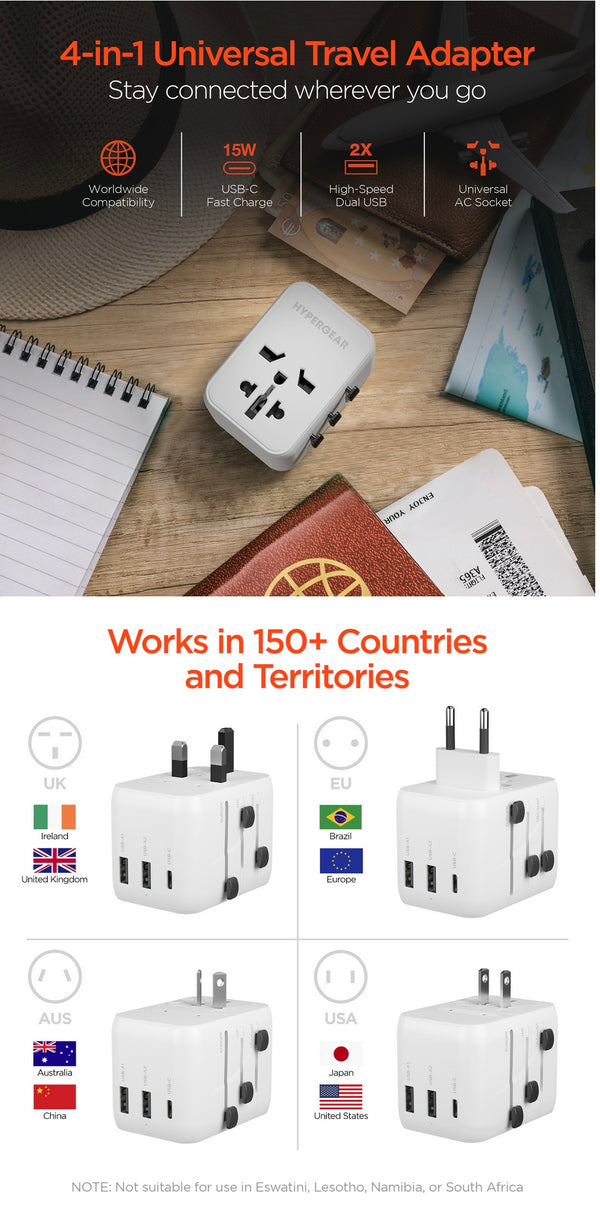 Hypergear WorldCharge Universal Travel Adapter with USB-C | White