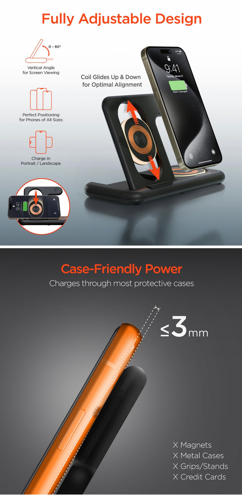 Hypergear PowerFold X-Ray 4-in-1 Foldable Wireless Charging Stand with 15W Wireless Fast Charge | Bl