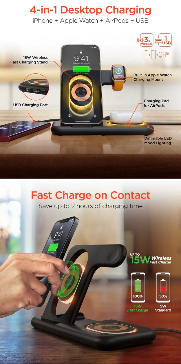 Hypergear PowerFold X-Ray 4-in-1 Foldable Wireless Charging Stand with 15W Wireless Fast Charge | Bl