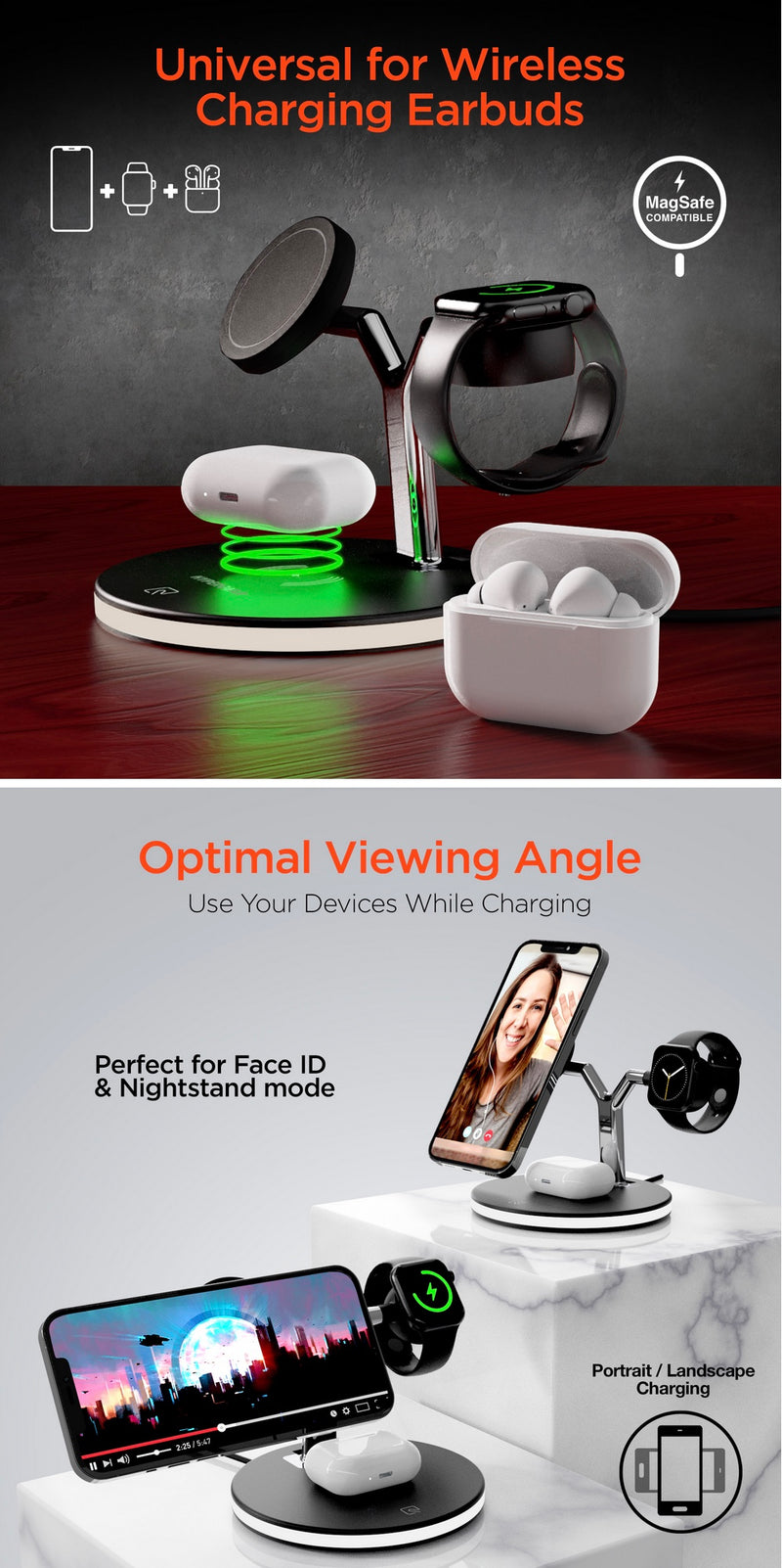 Hypergear MaxCharge 3-in-1 Wireless Charging Stand with 15W Magnetic Wireless Fast Charge | Black