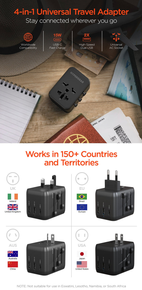 Hypergear WorldCharge Universal Travel Adapter with USB-C | Black