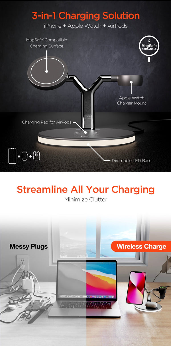 Hypergear MaxCharge 3-in-1 Wireless Charging Stand with 15W Magnetic Wireless Fast Charge | Black