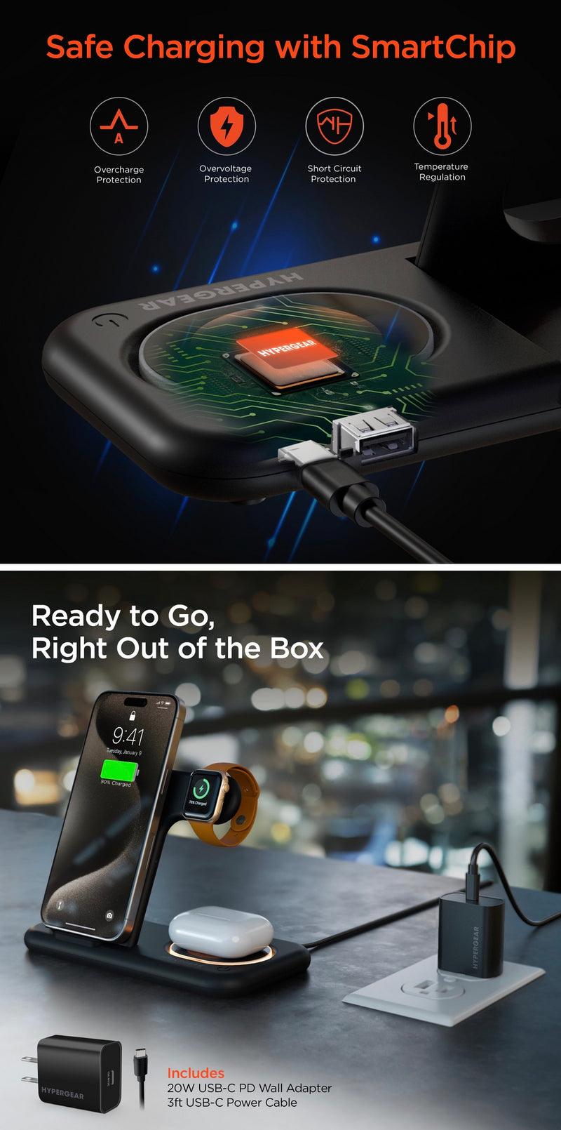 Hypergear PowerFold X-Ray 4-in-1 Foldable Wireless Charging Stand with 15W Wireless Fast Charge | Bl