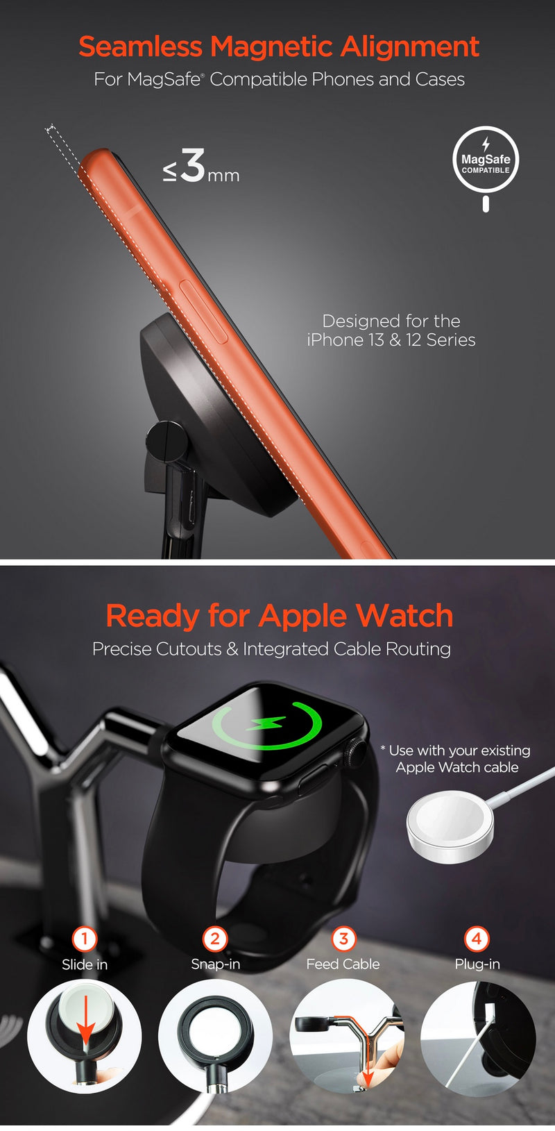 Hypergear MaxCharge 3-in-1 Wireless Charging Stand with 15W Magnetic Wireless Fast Charge | Black