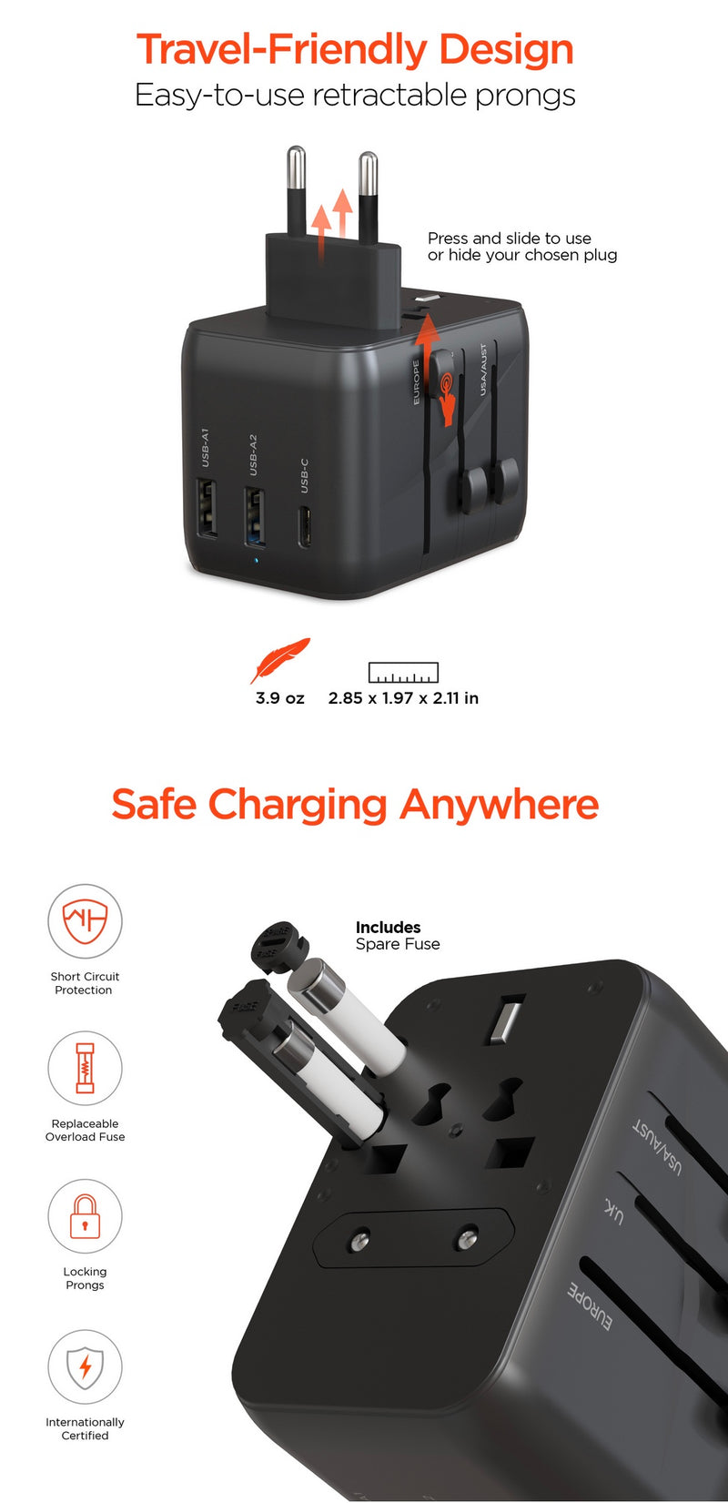 Hypergear WorldCharge Universal Travel Adapter with USB-C | Black