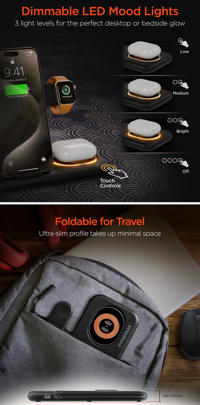 Hypergear PowerFold X-Ray 4-in-1 Foldable Wireless Charging Stand with 15W Wireless Fast Charge | Bl