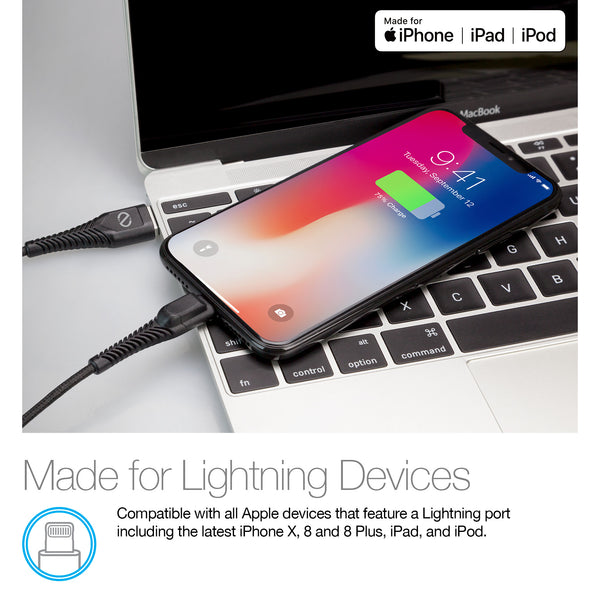 Naztech LED MFi Lightning Charge & Sync Cable - Black