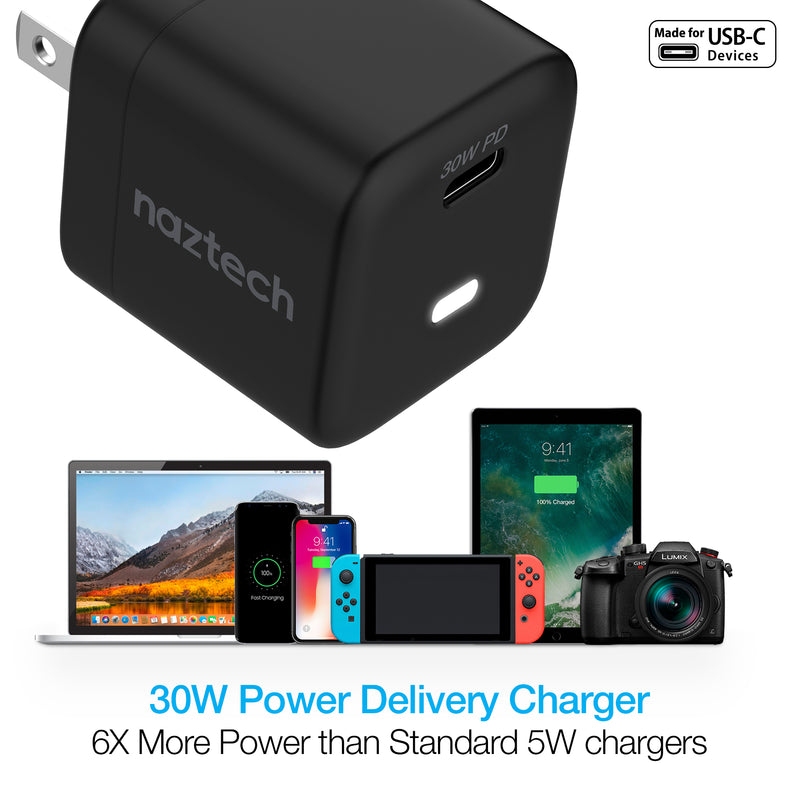 Naztech 30W USB-C PD Fast Wall Charger + USB-C to USB-C Cable 4ft - Black